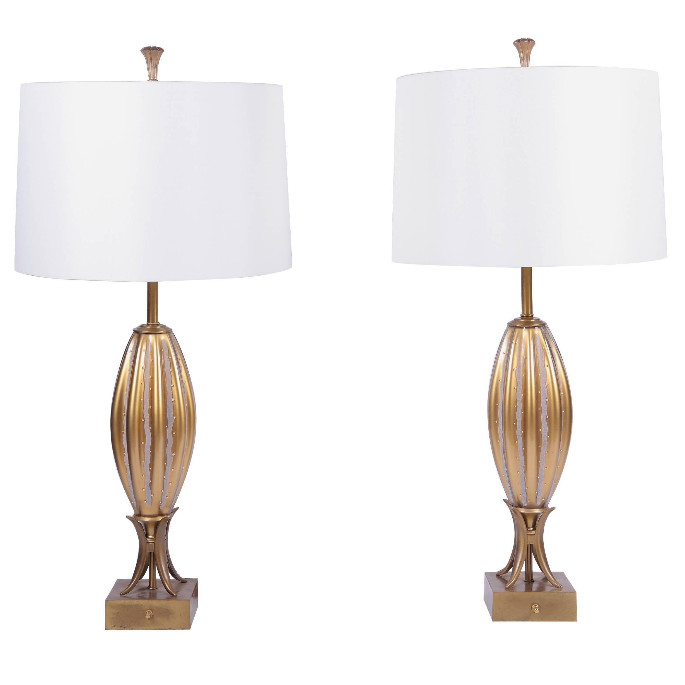 Pair of Mid-Century Modern Murano Glass Lamps Reverse Painted in Antique Gold