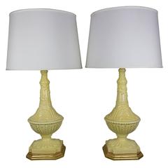 Pair of Yellow Ceramic Lamps with Gilt Bases 4
