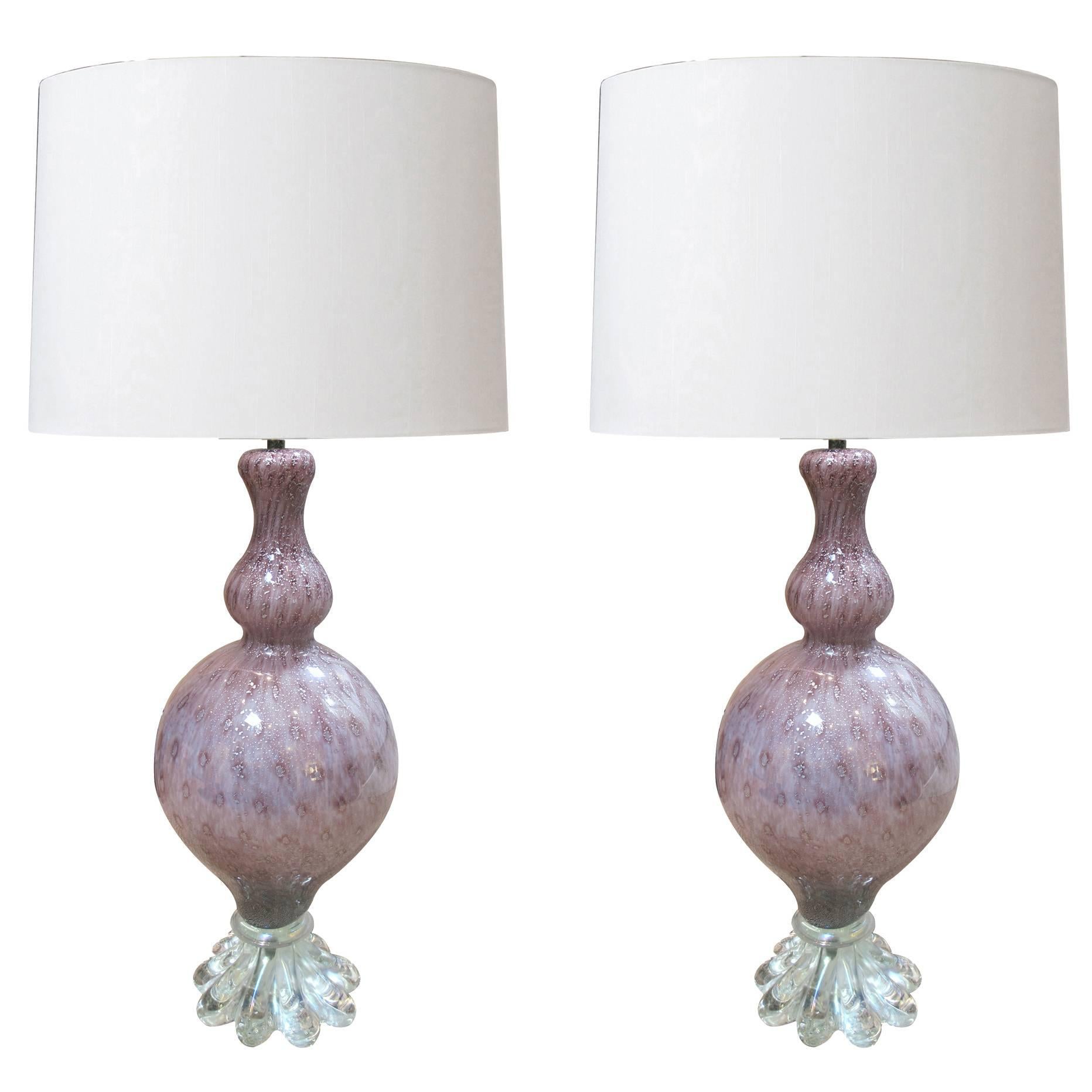 A Large Pair of Murano Archimede Seguso Amethyst  Lamps with Silver Inclusions