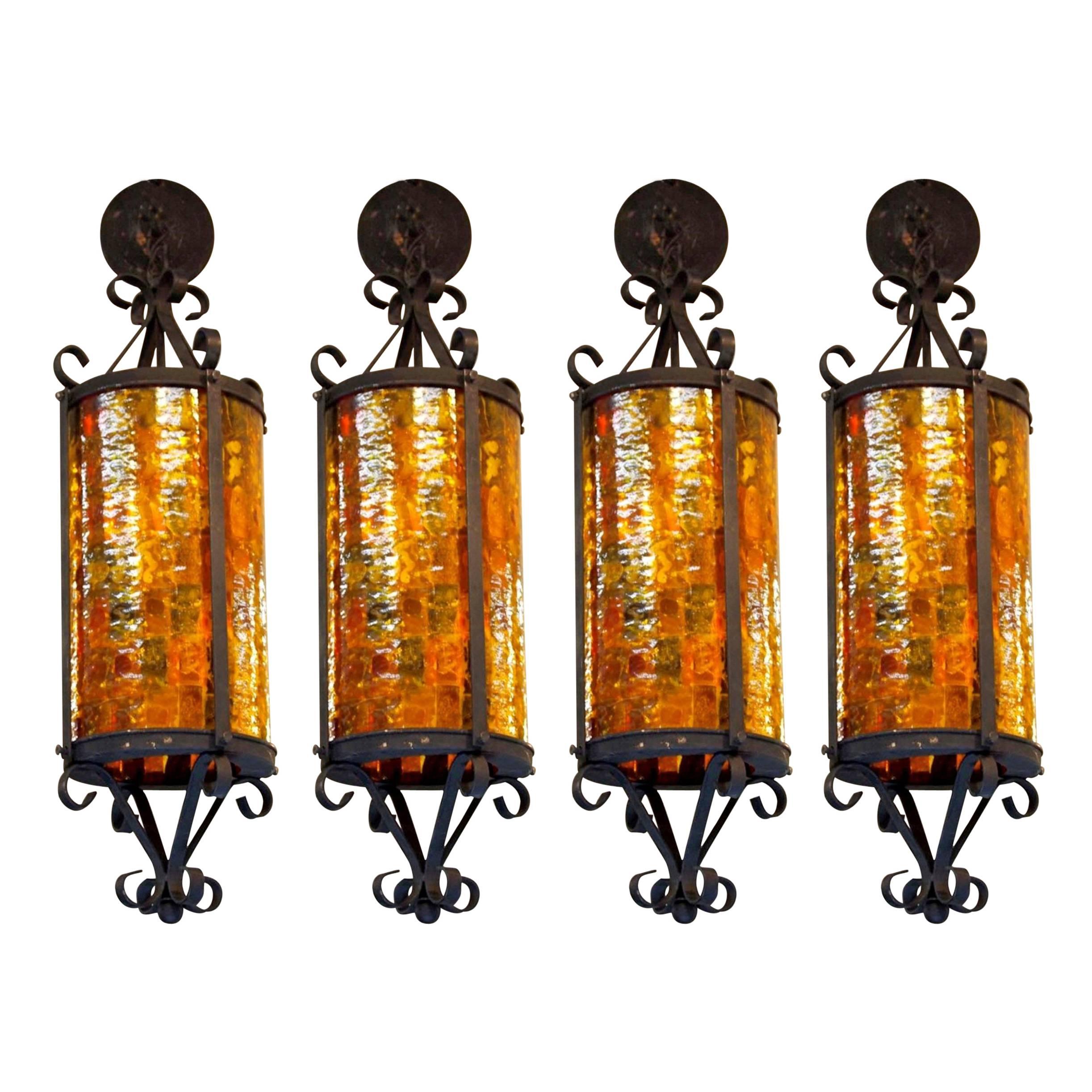 Mid-century Gothic-Style Cathedral Pendants in Red, Orange and Yellow