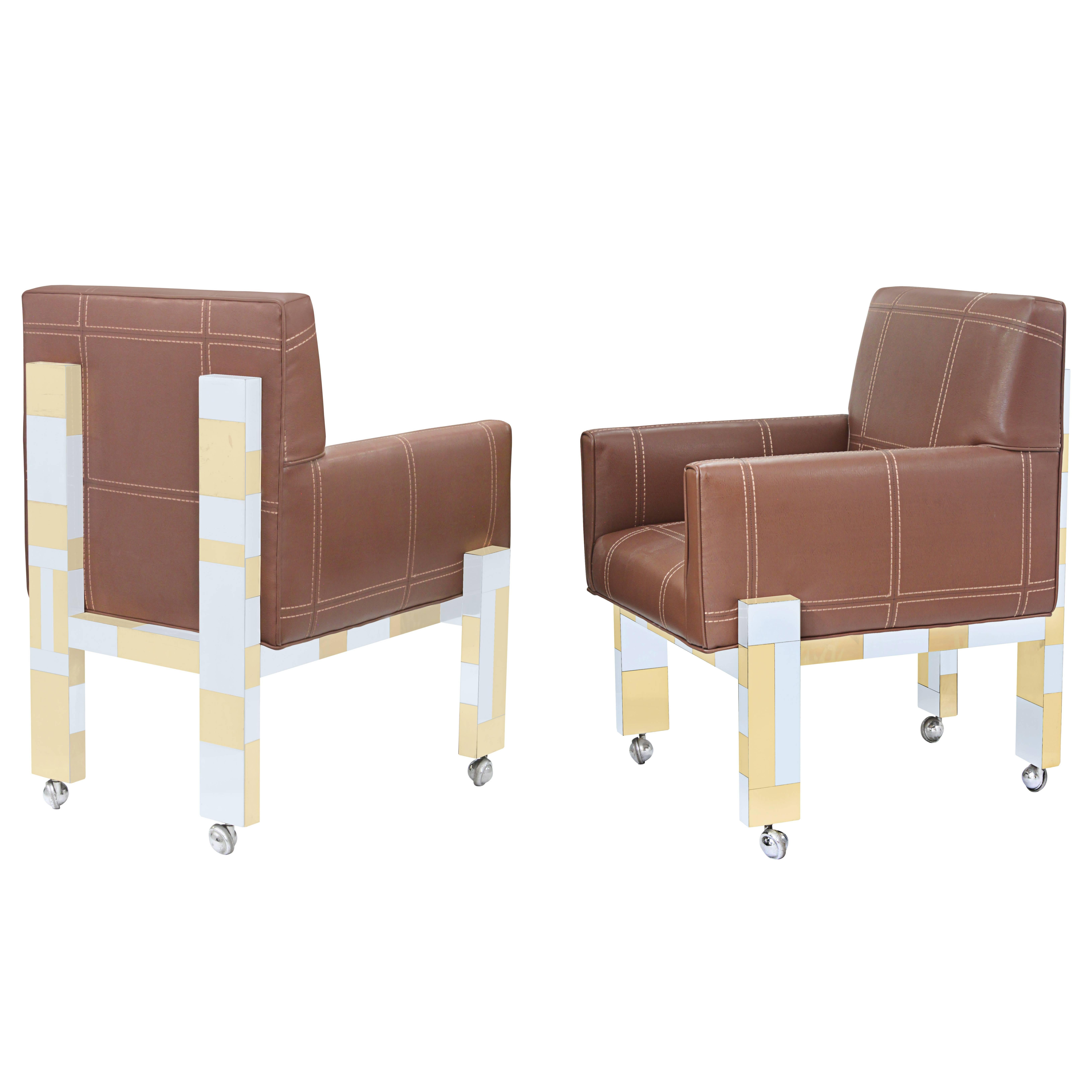 Pair of Armchairs in Tesselated Brass and Chrome by Paul Evans