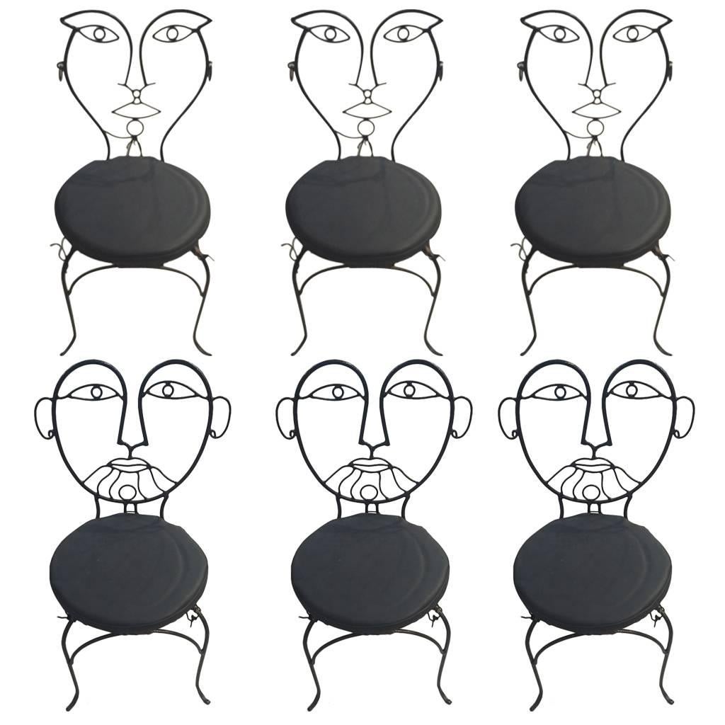 Six Metal Mid-Century Cafe Chairs with Male and Female Faces