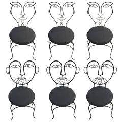 Six Metal Mid-Century Cafe Chairs with Male and Female Faces