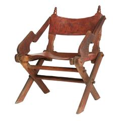 Handcrafted Leather and Carved Wood Mexican Modern Chair