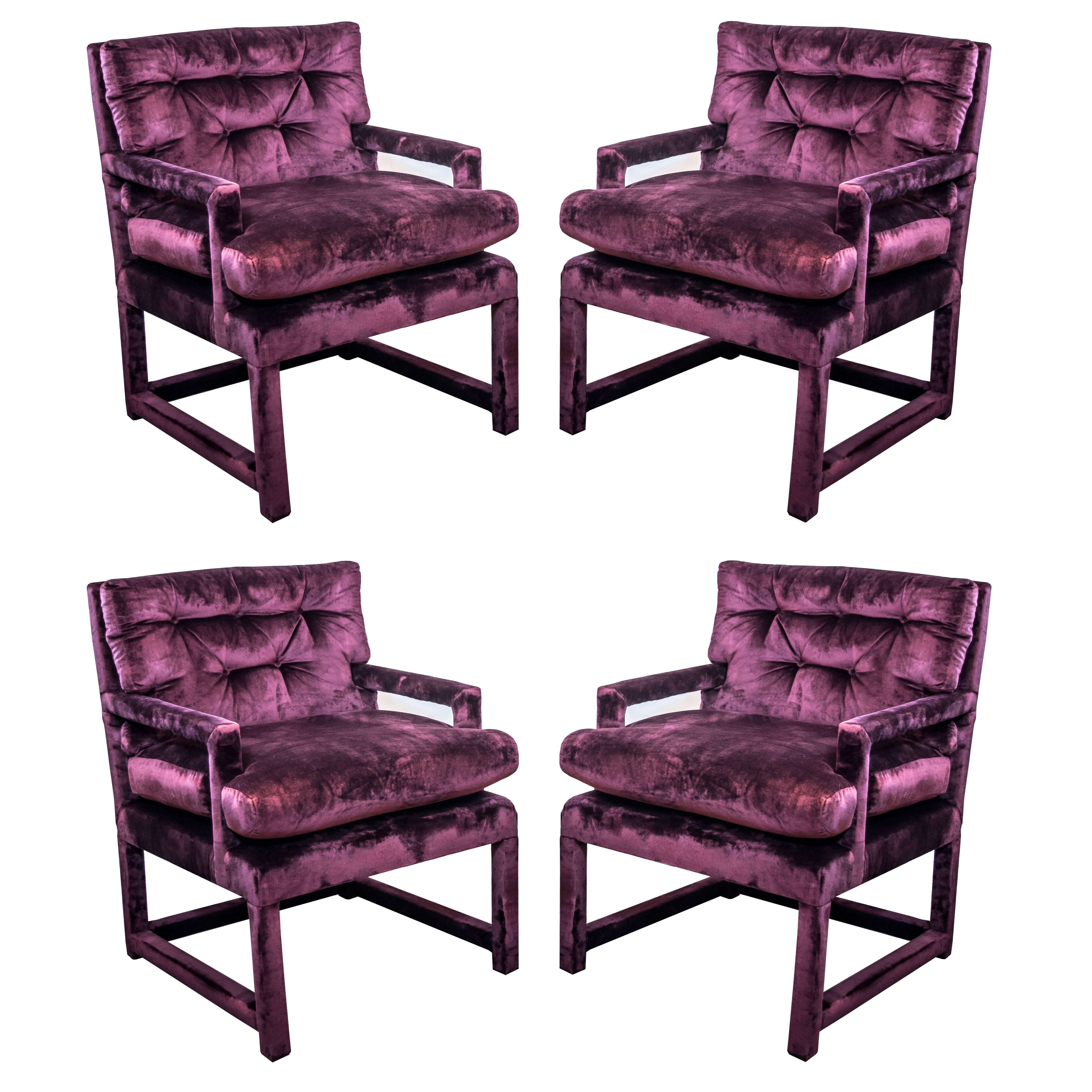 Set of Four Milo Baughman Parsons Chairs in Luxurious Garnet Velvet