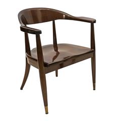 Mid-Century Mahogany Barrel Back Chair with Molded Seat and Brass Sabots