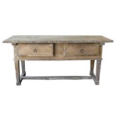 17th Century Spanish Kitchen Table with Bleached Wood Finish and Two Drawers