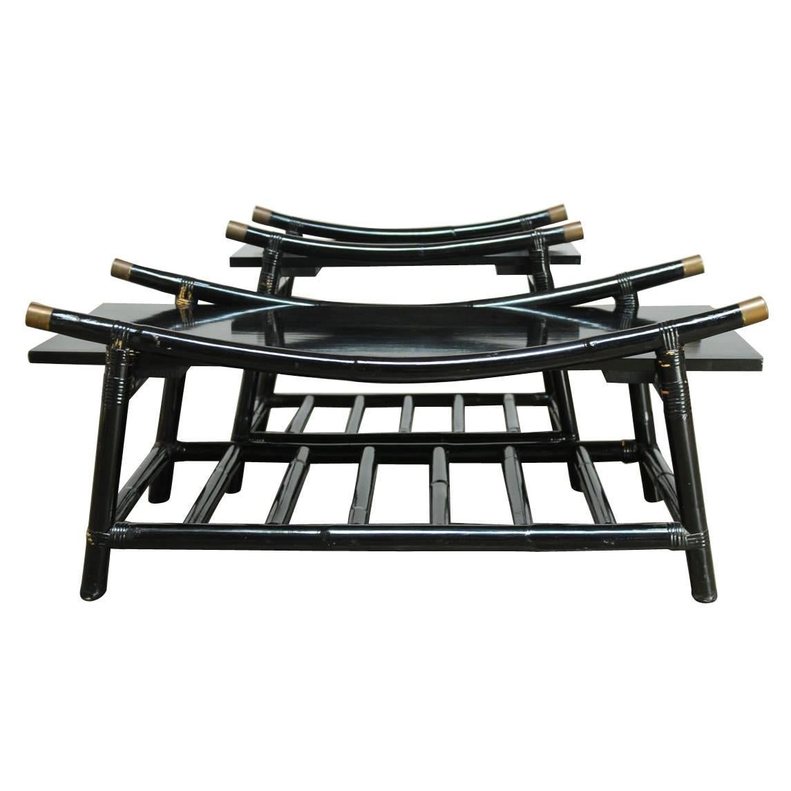 Black Lacquer Rattan Coffee Table and Side Table, Attributed to Ficks Reed