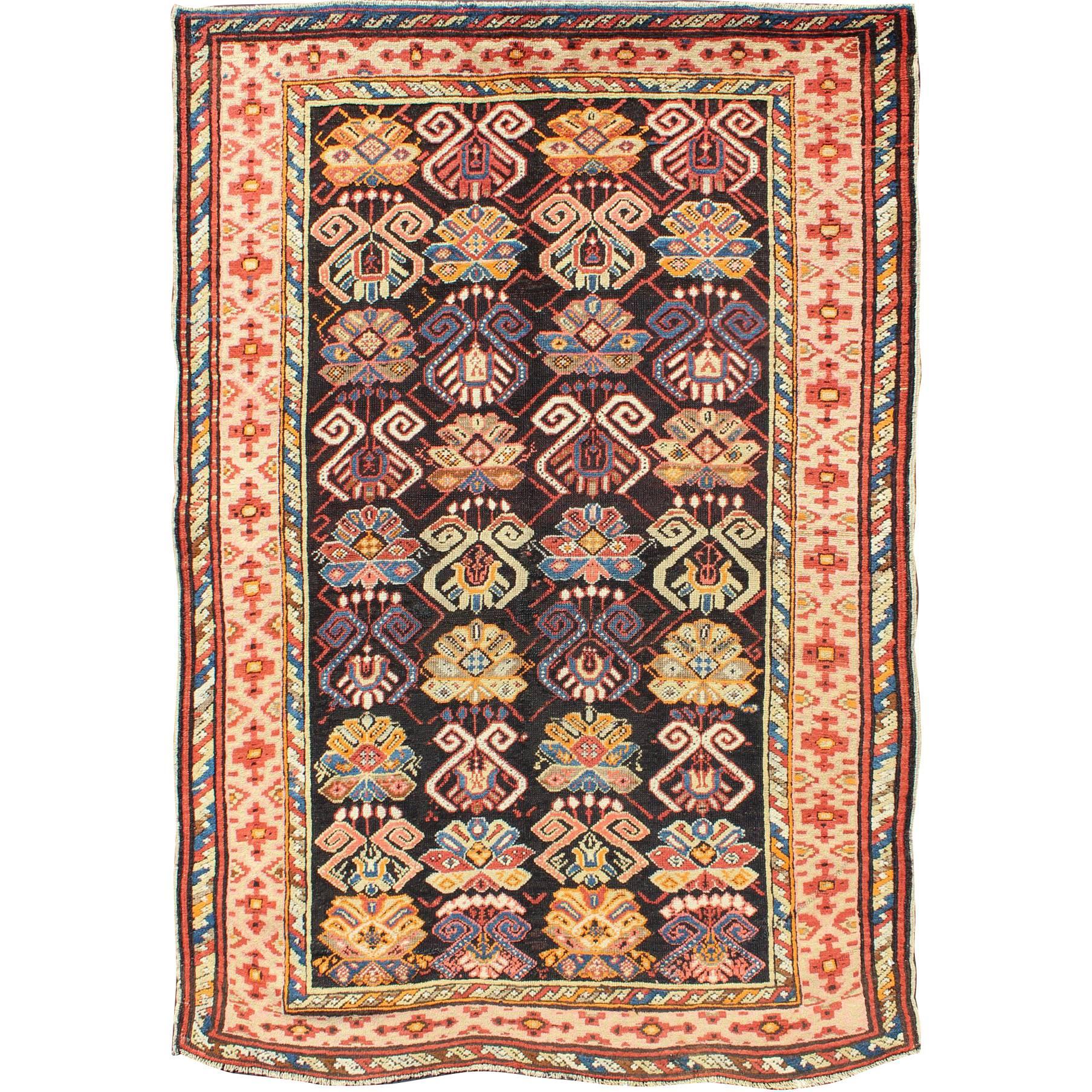 Colorful Antique Caucasian Rug with All-Over Design