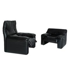 Maralunga Style Black Leather Armchairs with Adjustable Headrests 