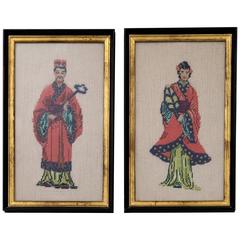 Vintage Hand-Knotted Chinese Bride and Groom Ebony and Gilt Frame