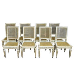Set of Eight 18c Louis XVI Caned Chairs with Original Lacquer