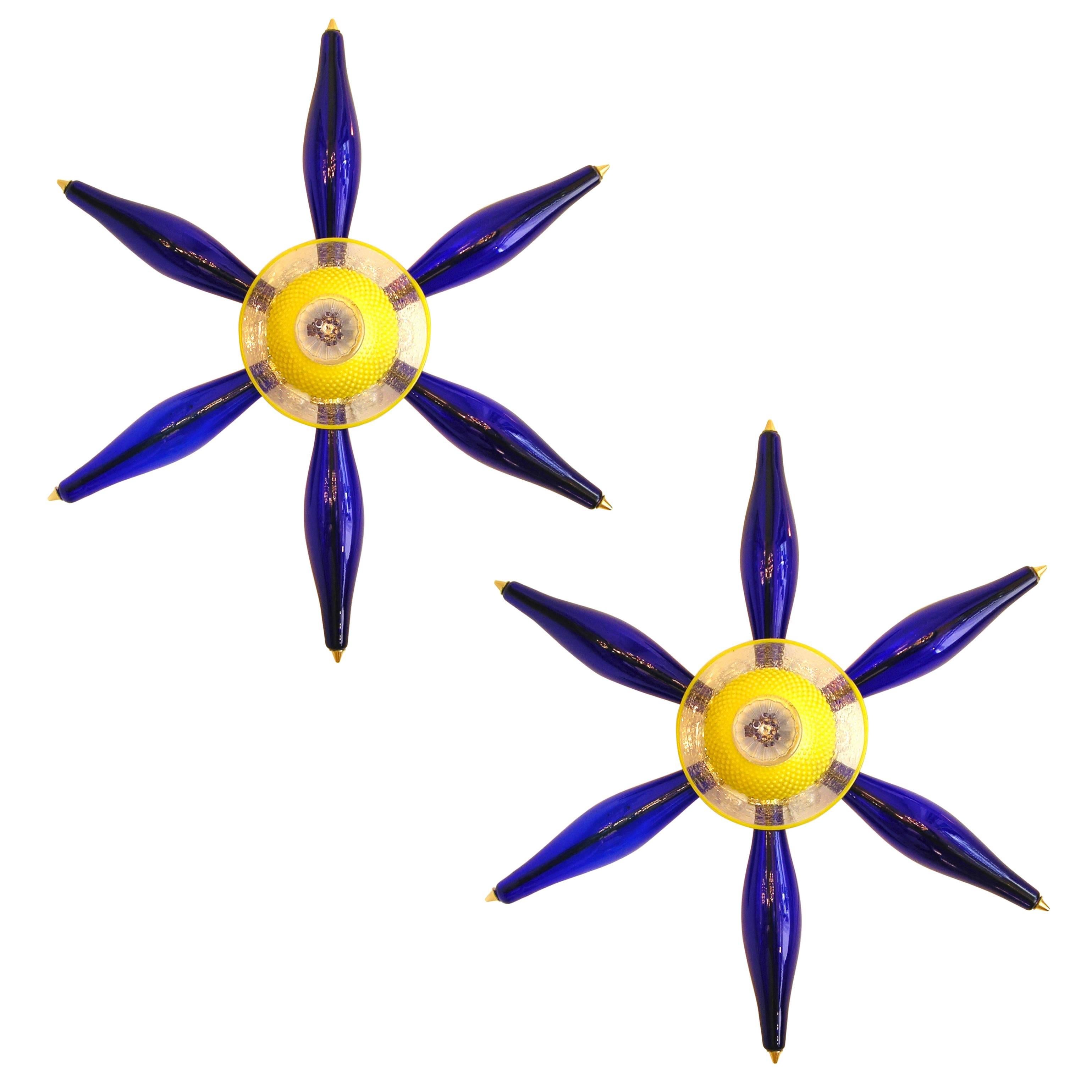 1960 Vintage Italian Pair of Unique Star Sconces in Yellow and Blue Murano Glass