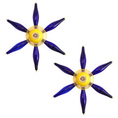 1960 Vintage Italian Pair of Unique Star Sconces in Yellow and Blue Murano Glass