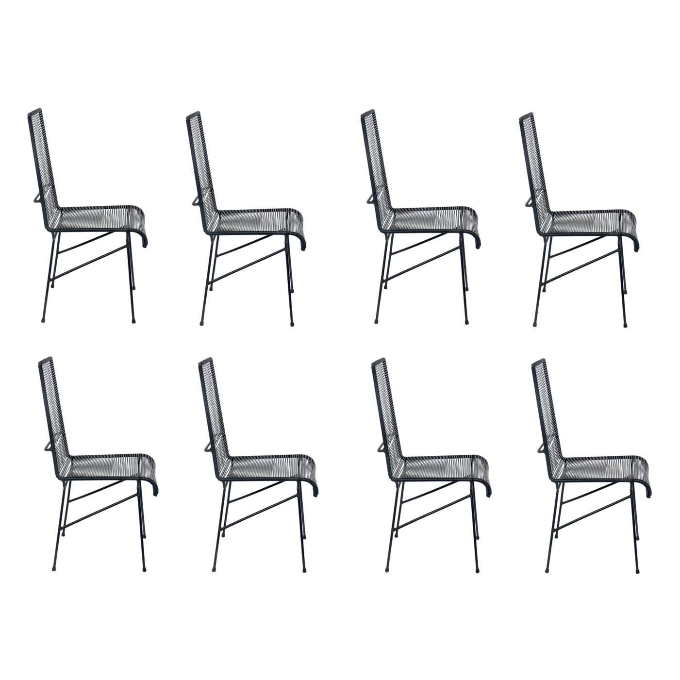 Set of Eight Tall Iron and Cord Chairs For Sale