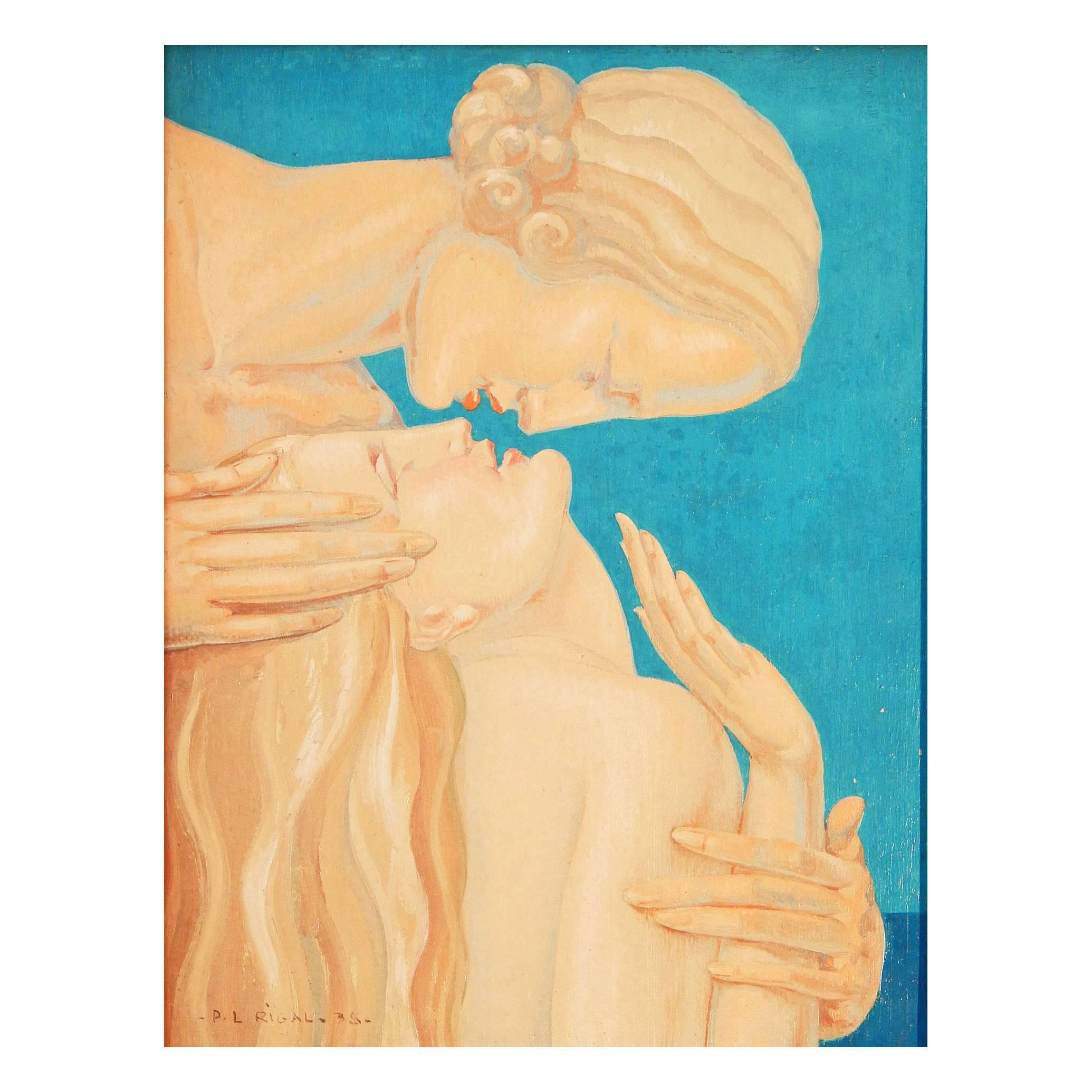 "The Kiss, " Fabulous Art Deco Painting with Two Female Nudes by Rigal