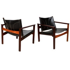 Safari Armchairs Leather and Rosewood Michel Arnoult