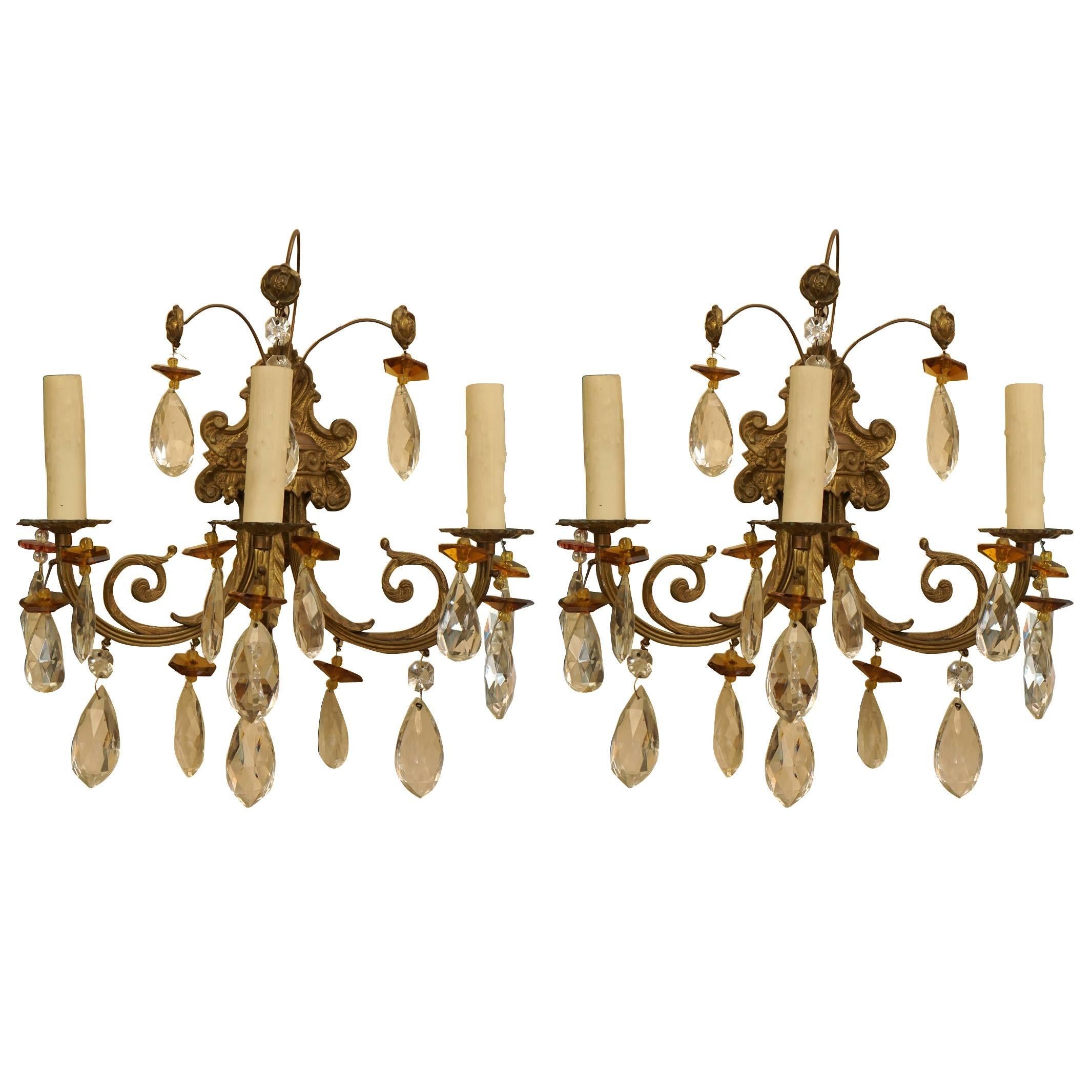 Pair of Louis XV Style French Bronze and Crystal Three-Light Sconces