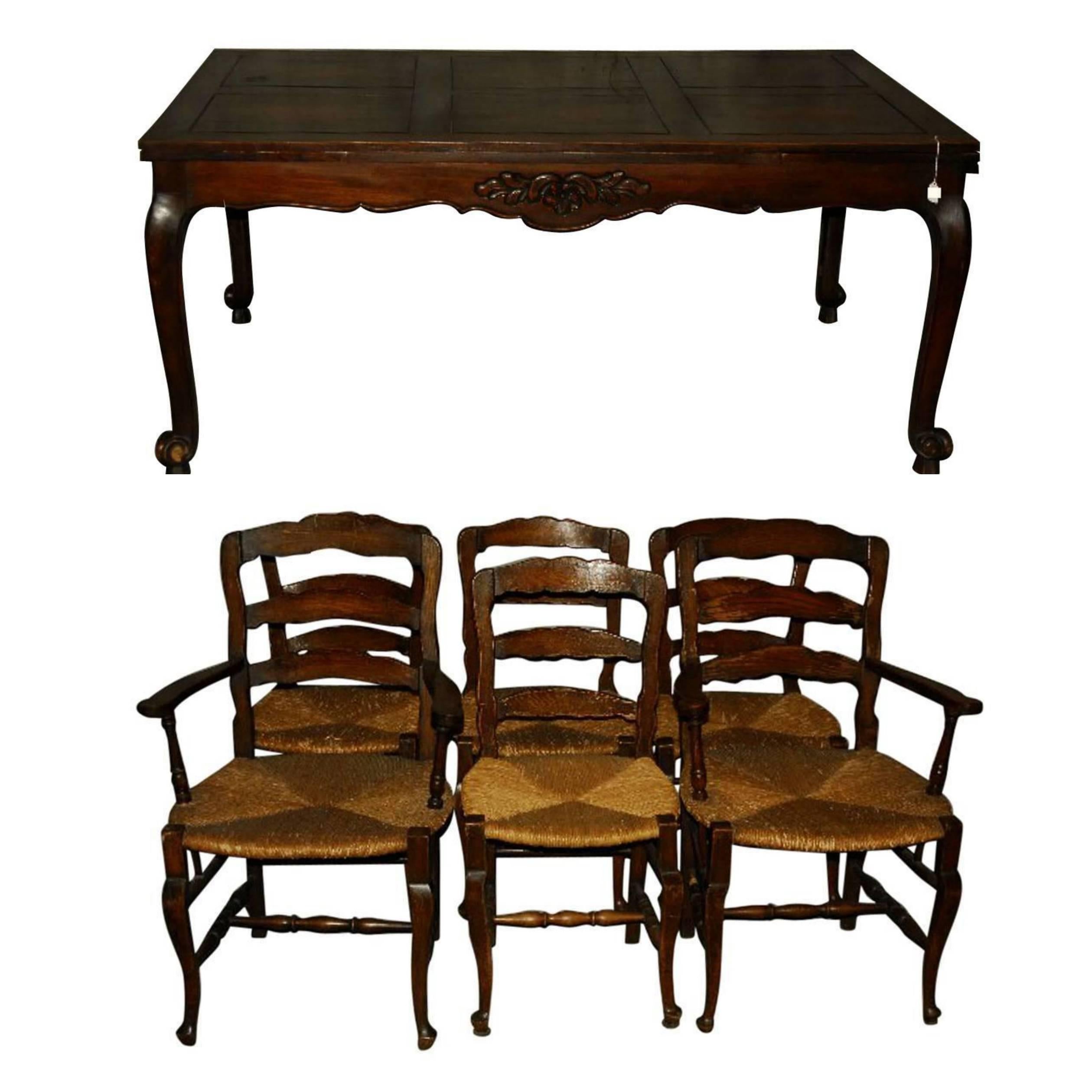 19th Century French Country Carved Oak Dining Table and Chairs at 1stDibs