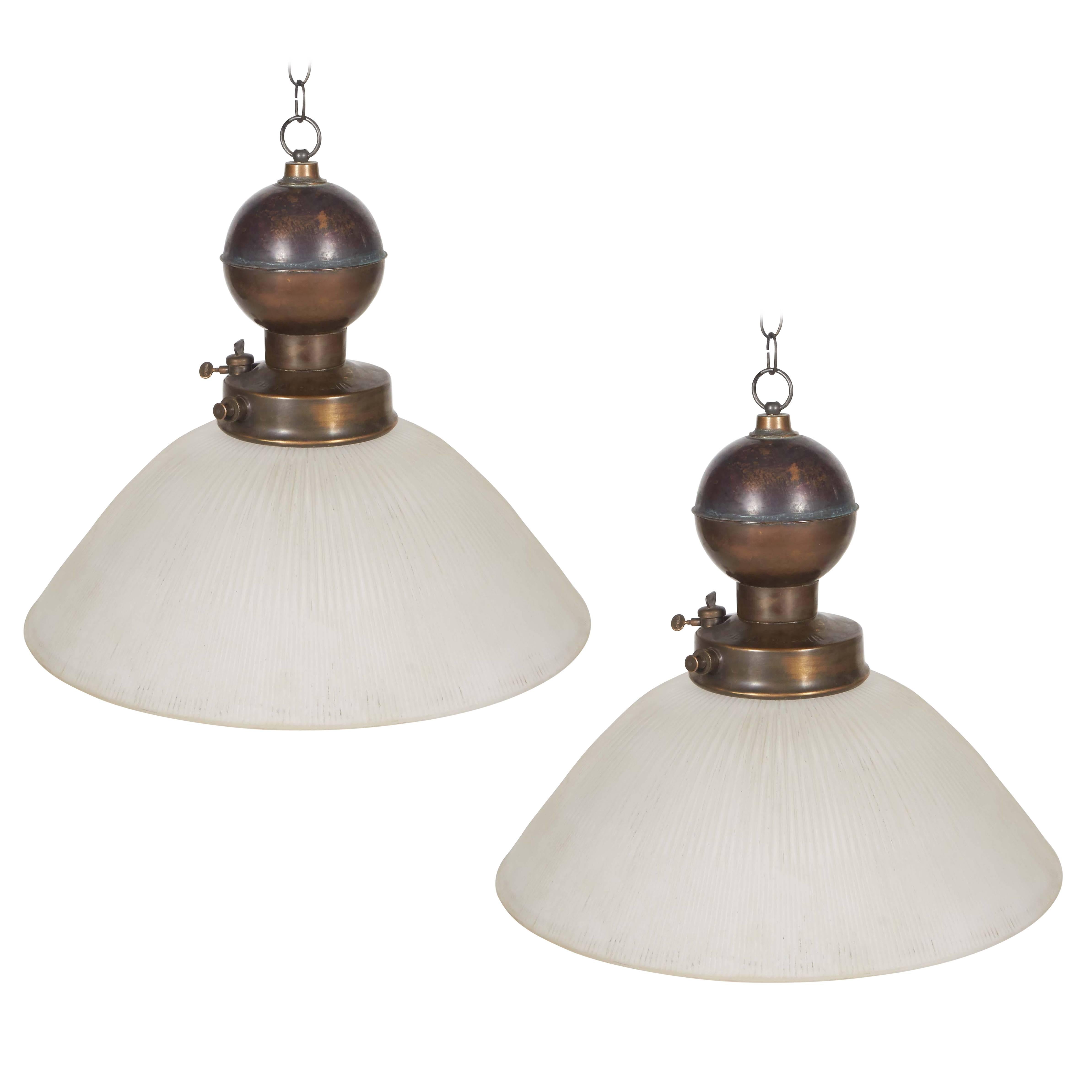 Pair of Holophane/Brass Gas Lamp Pendant For Sale