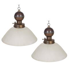 Pair of Holophane/Brass Gas Lamp Pendant