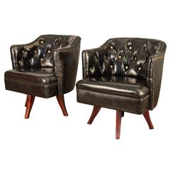Pair of Button-Tufted 1950s Swivel Club Chairs