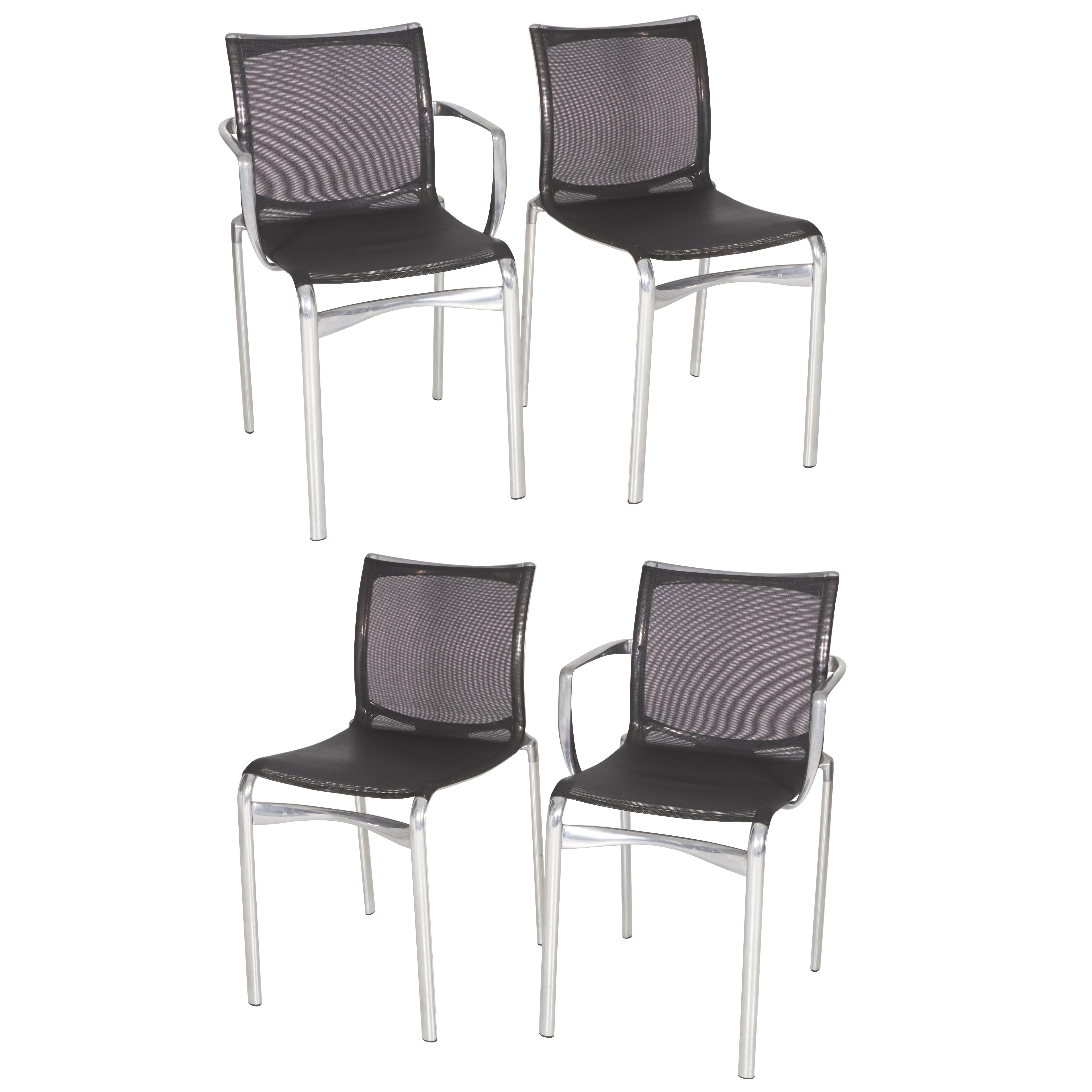 Steel frame arm and side chair with black nylon mesh seat and back rest.
Arm and side chair purchased as a set: $575.00.