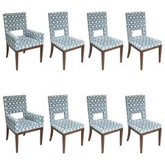 Set of Eight Dining Chairs, Upholstered in Blue and White with Mahogany Legs