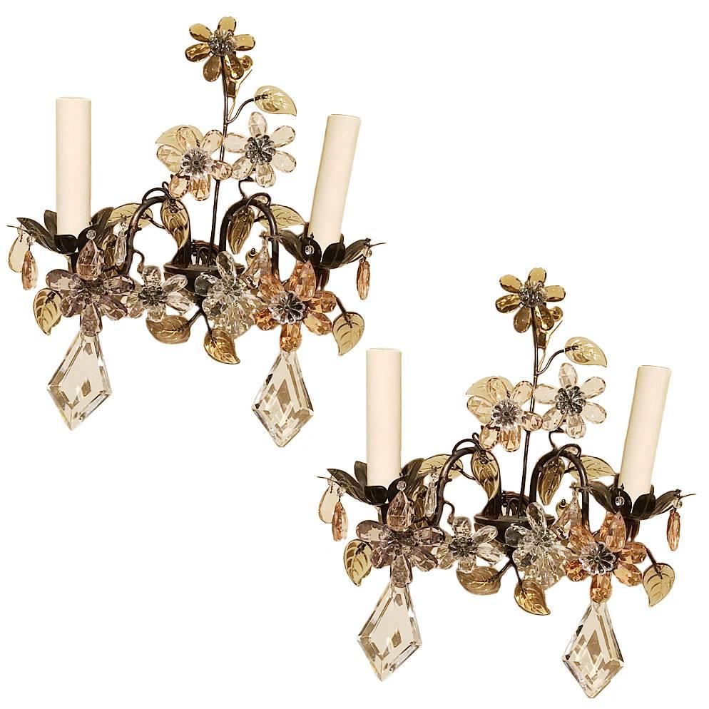 Pair of Crystal Flower Sconces For Sale