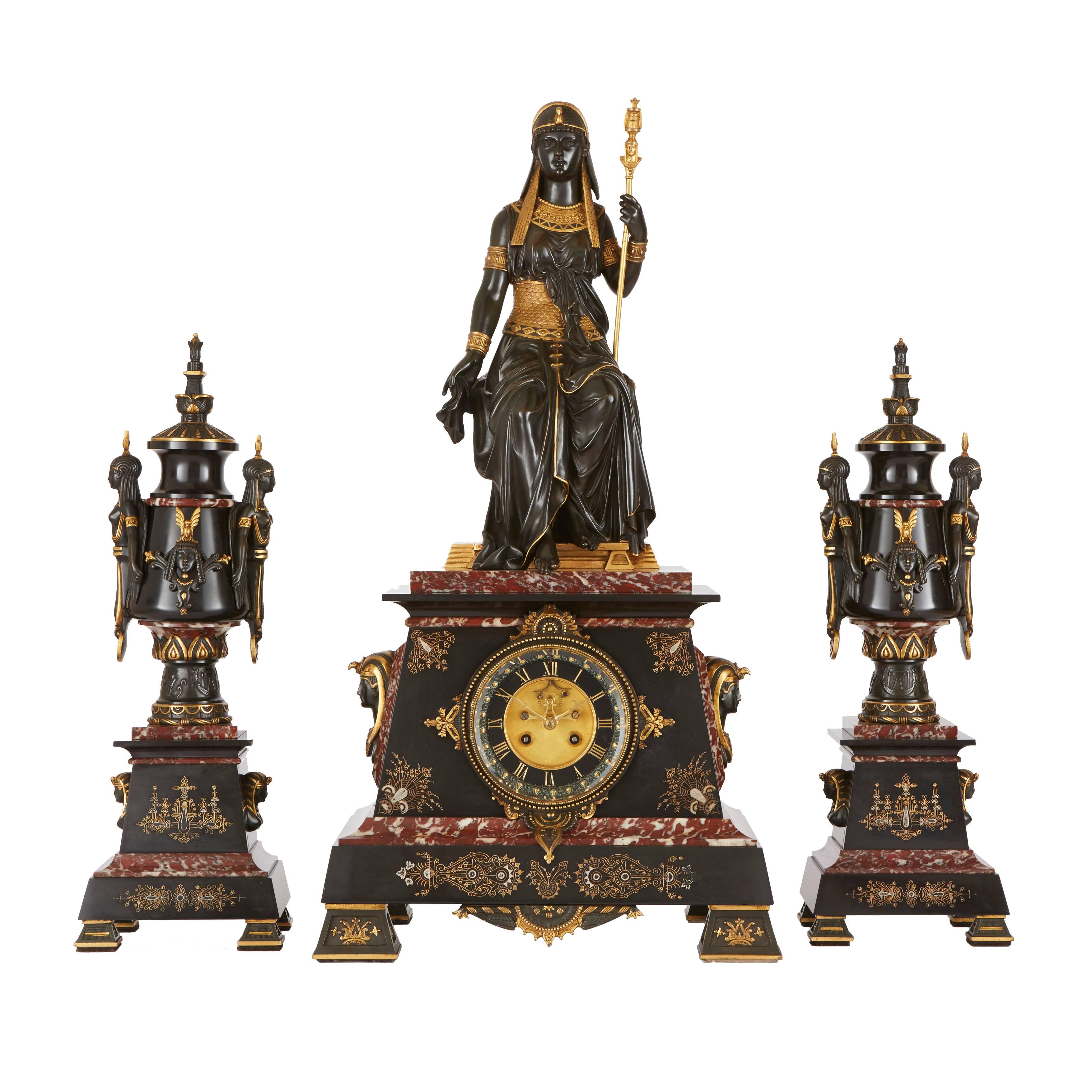 Egyptian Revival Marble, Gilt and Patinated Bronze Three-Piece Clock Set For Sale