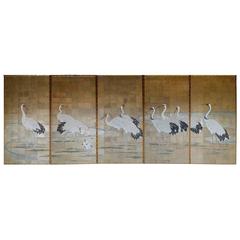 19th Century Japanese Five-Panel Crane Screen