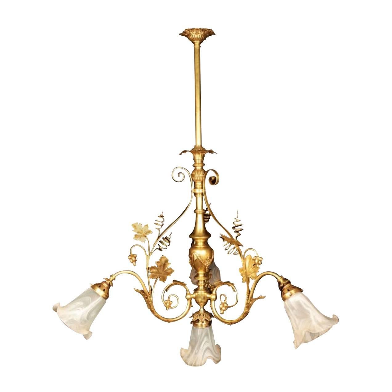 Early 20th Century Art Nouveau Four-Light Brass Chandelier