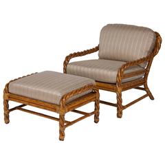 Pair of Rattan Club Chairs and Ottoman by McGuire