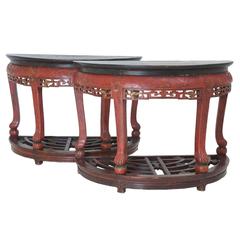 Antique Carved Red Lacquered Chinese Center Table or Pair of Demilune Tables