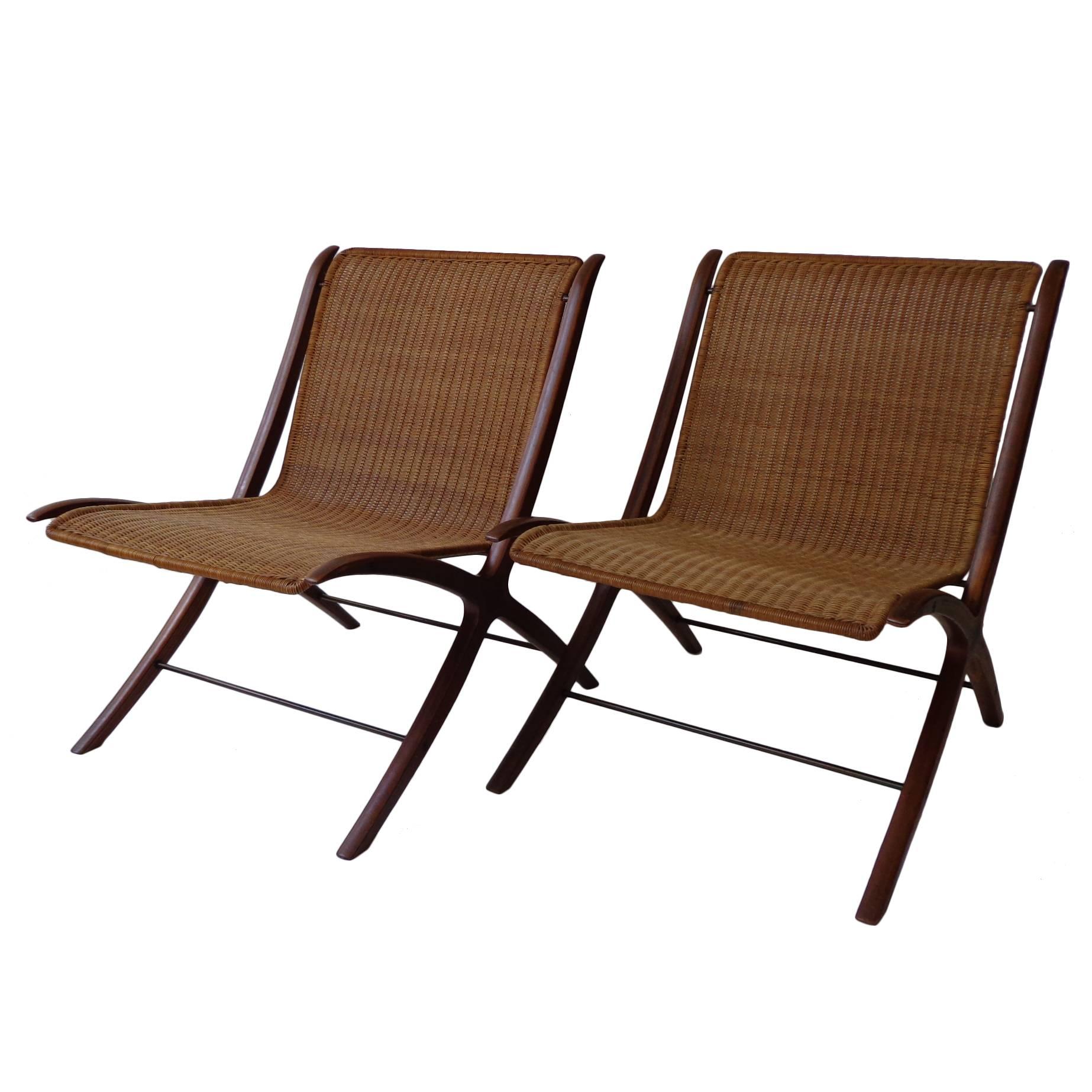 Danish Pair of teak-cane X lounge Chair by Hvidt & Mølgaard for F. Hansen, 1960s For Sale