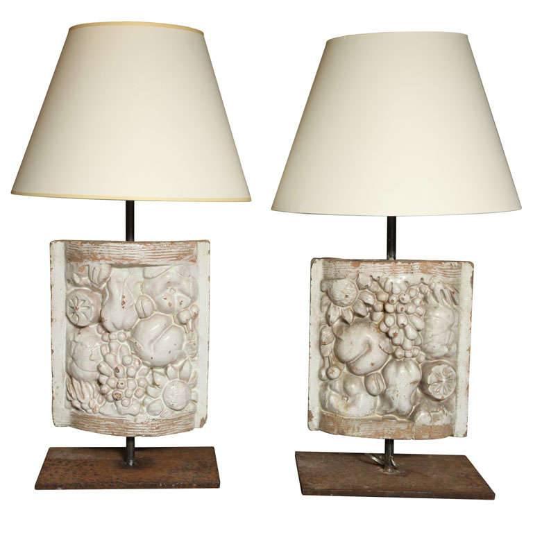 Pair of White Faience Table Lamps with Fruit Decoration Panel For Sale