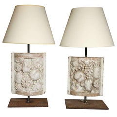 Used Pair of White Faience Table Lamps with Fruit Decoration Panel