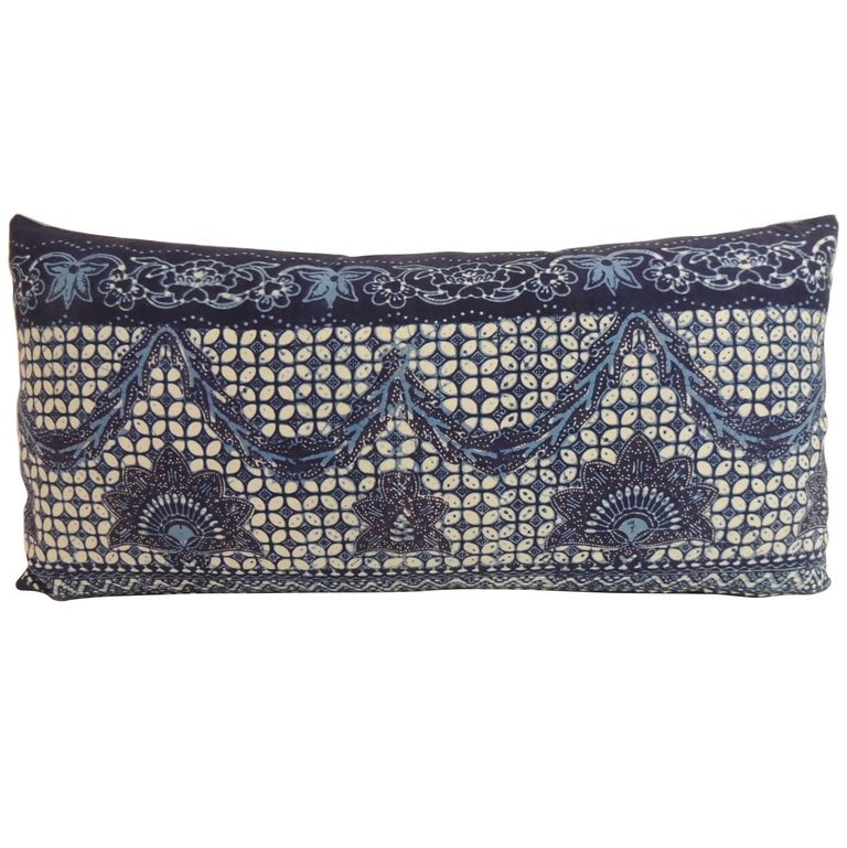 Vintage Blue and White Indian Bolster Decorative Pillow For Sale at 1stdibs