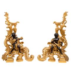 Antique Beautiful Pair of Andirons Louis XV Style Gilt Bronze 19th Century Period