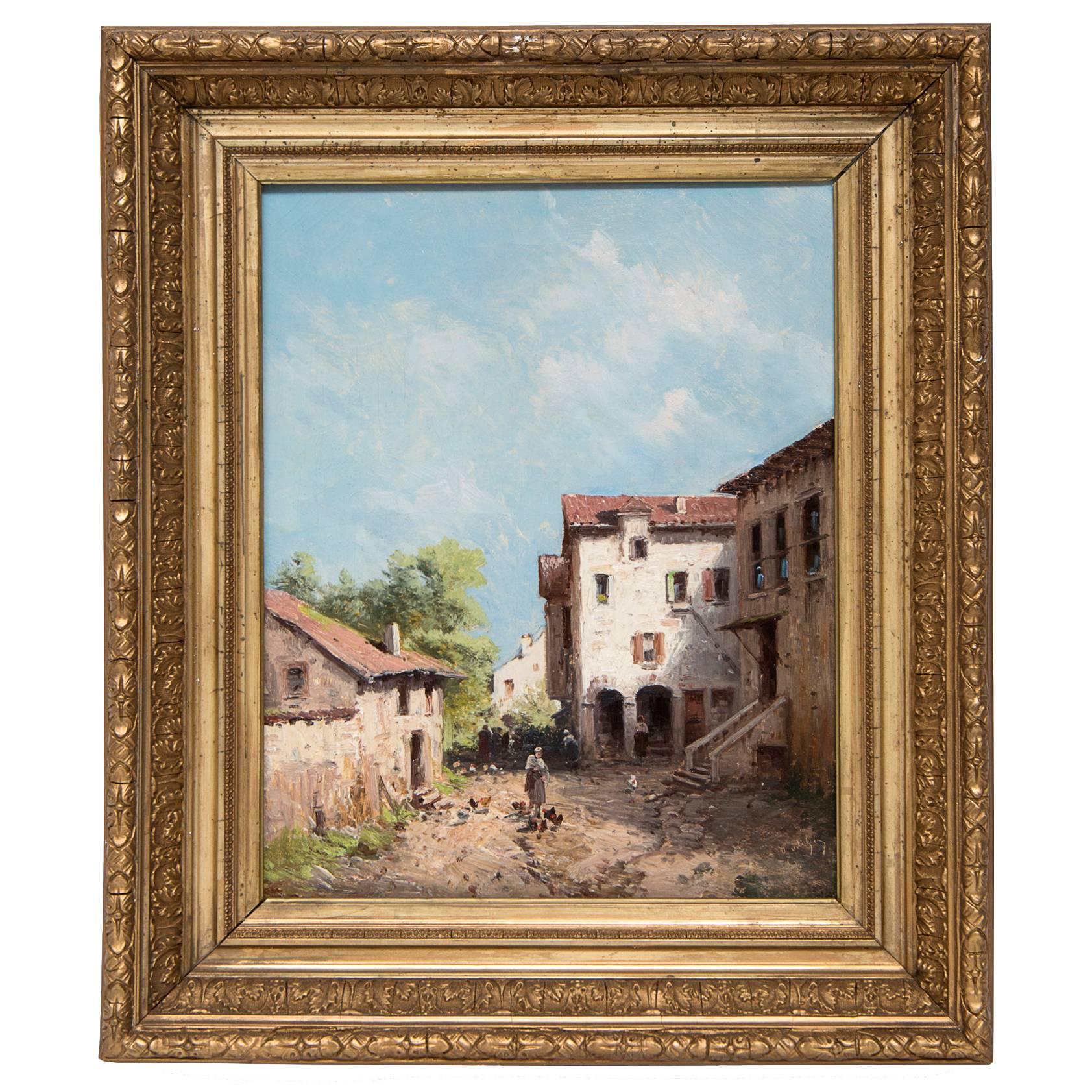 Court of Farm Oil on Canvas by Emile Godchaux French Painter of the 19th Century For Sale