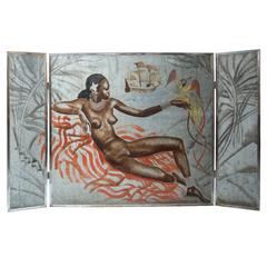 Art Deco African Girl on Sofa Three Leafs Folding Screen by Uzelac