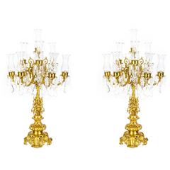 Huge Pair of Italian Gilded Bronze Crystal Candelabra Lamps 8