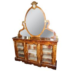 Antique Fine 19th c. French Burr Walnut Inlaid Credenza with Mirror
