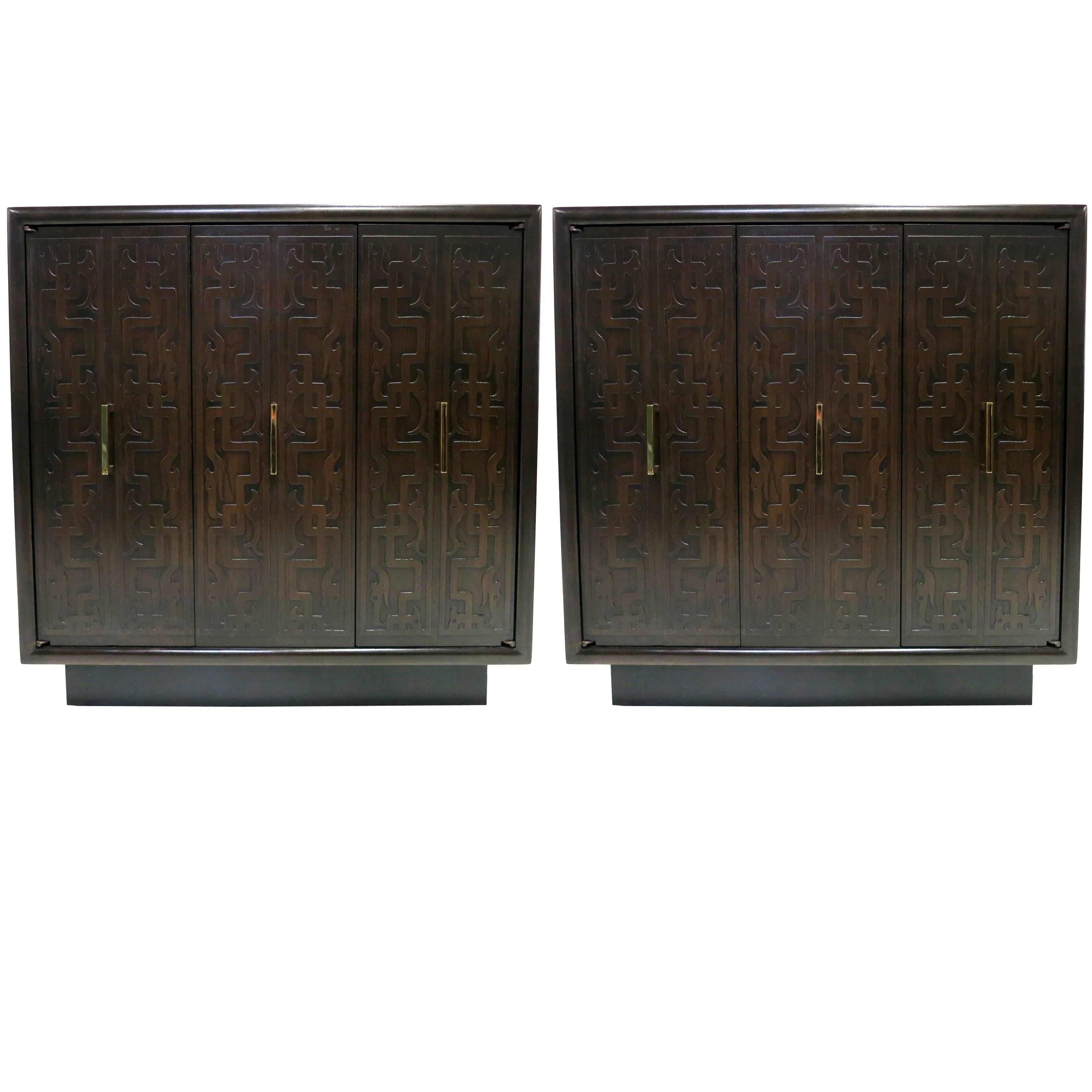 Pair of Exotic Carved Front Bedside Chests or End Tables