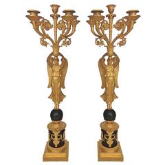 French Empire Gilt Bronze Candelabra Figures of Winged Nike, 19th Century