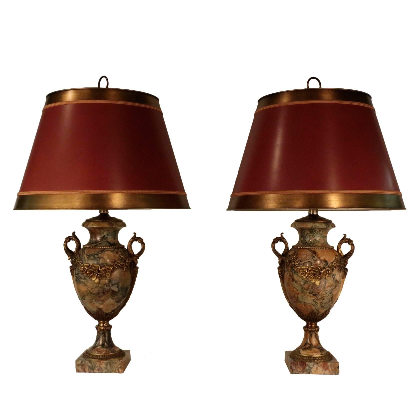 Pair of Louis XVI Style Bronze and Marble Urns, now mounted as lamps For Sale