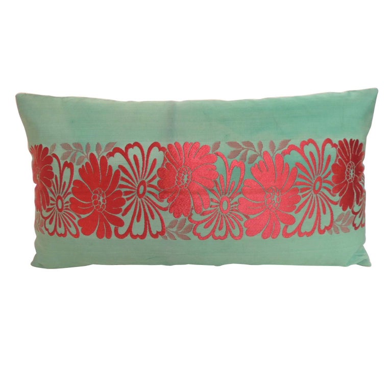 Vintage Asian Colorful Green and Red Silk Woven Obi Decorative Lumbar