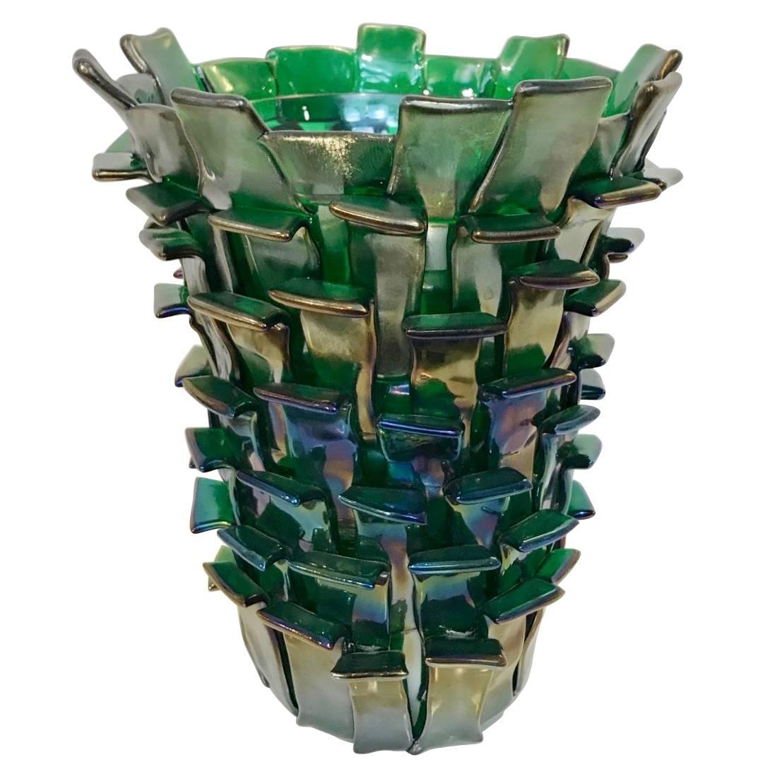 Venini Ritagli 2010 Sculptural Iridescent Green Murano Glass Vase