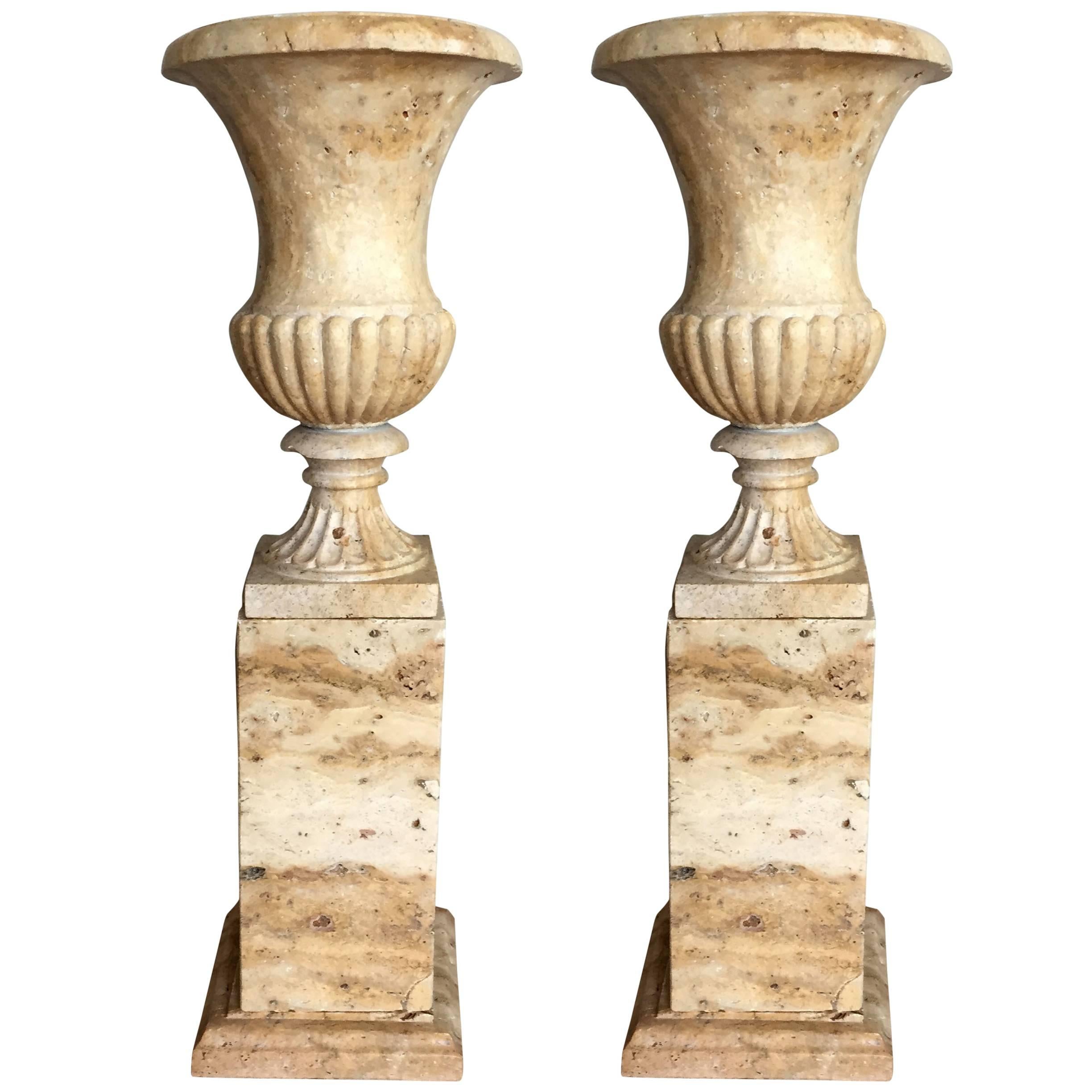 Pair of 19th Century Italian Solid Handcarved Limestone Classic Urns