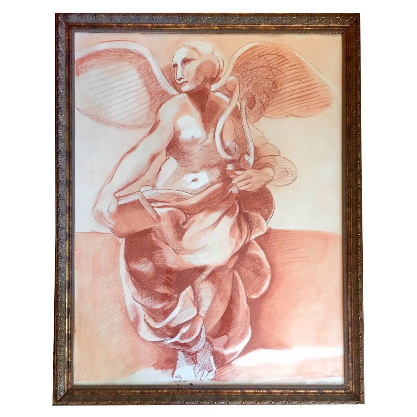 Impressive Original Drawing of Sculptural Angel